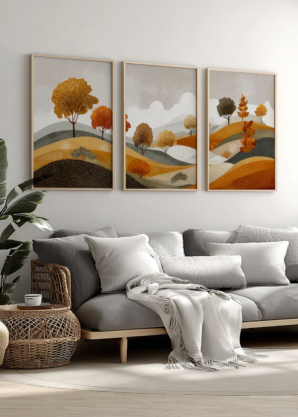 Mountain Wall Art Set of 3 – Green and Orange Abstract Landscape Prints