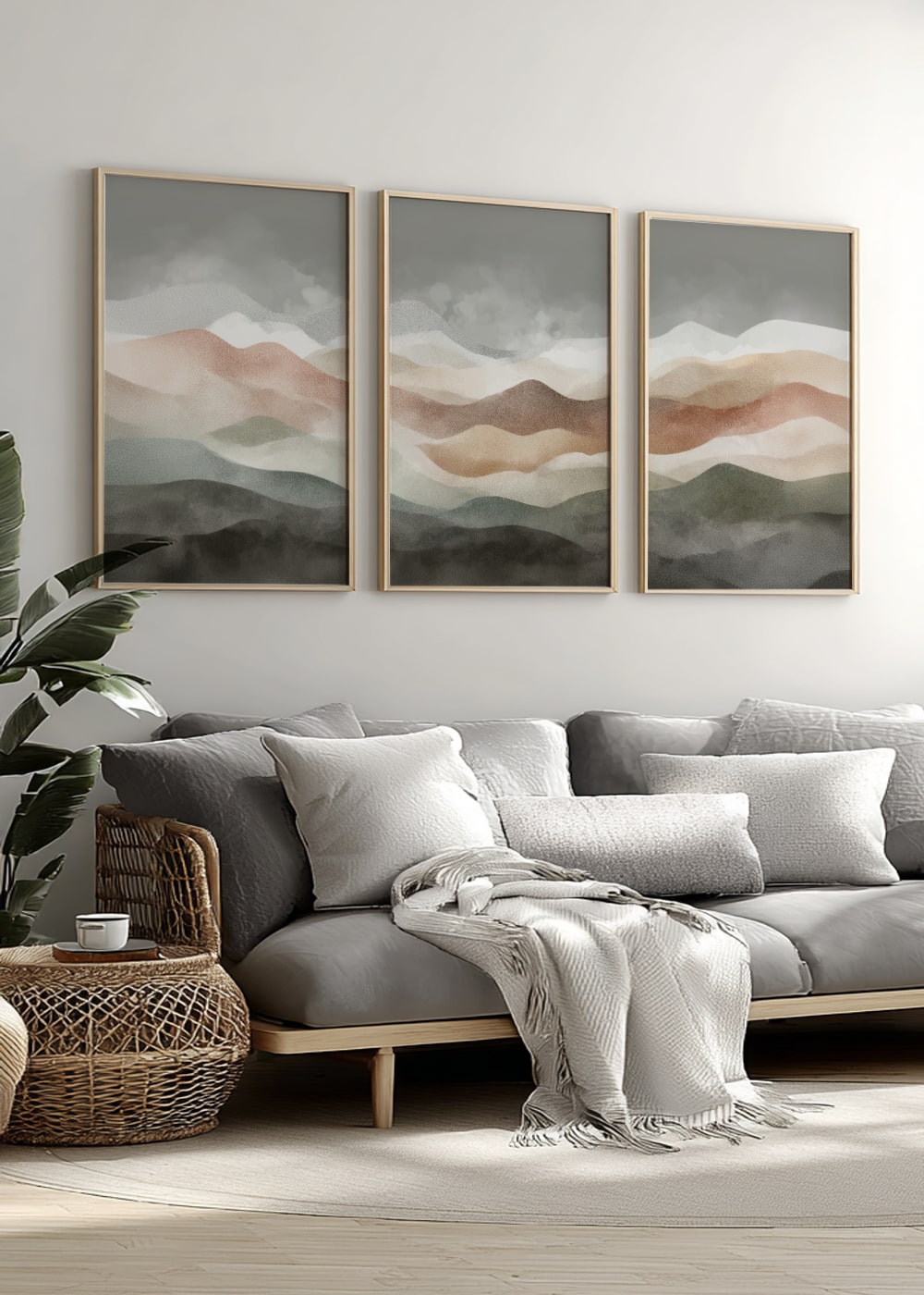 Gray sofa with decorative pillows and a blanket in a living room with abstract wall art.