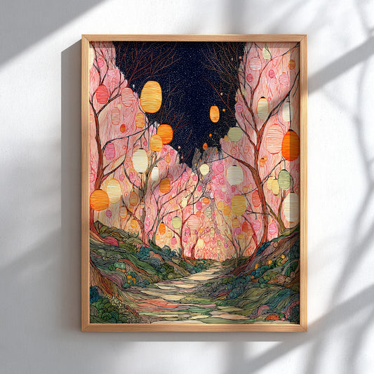 Blossom Tanuki Lantern wall art featuring a forest path lit by hanging lanterns.