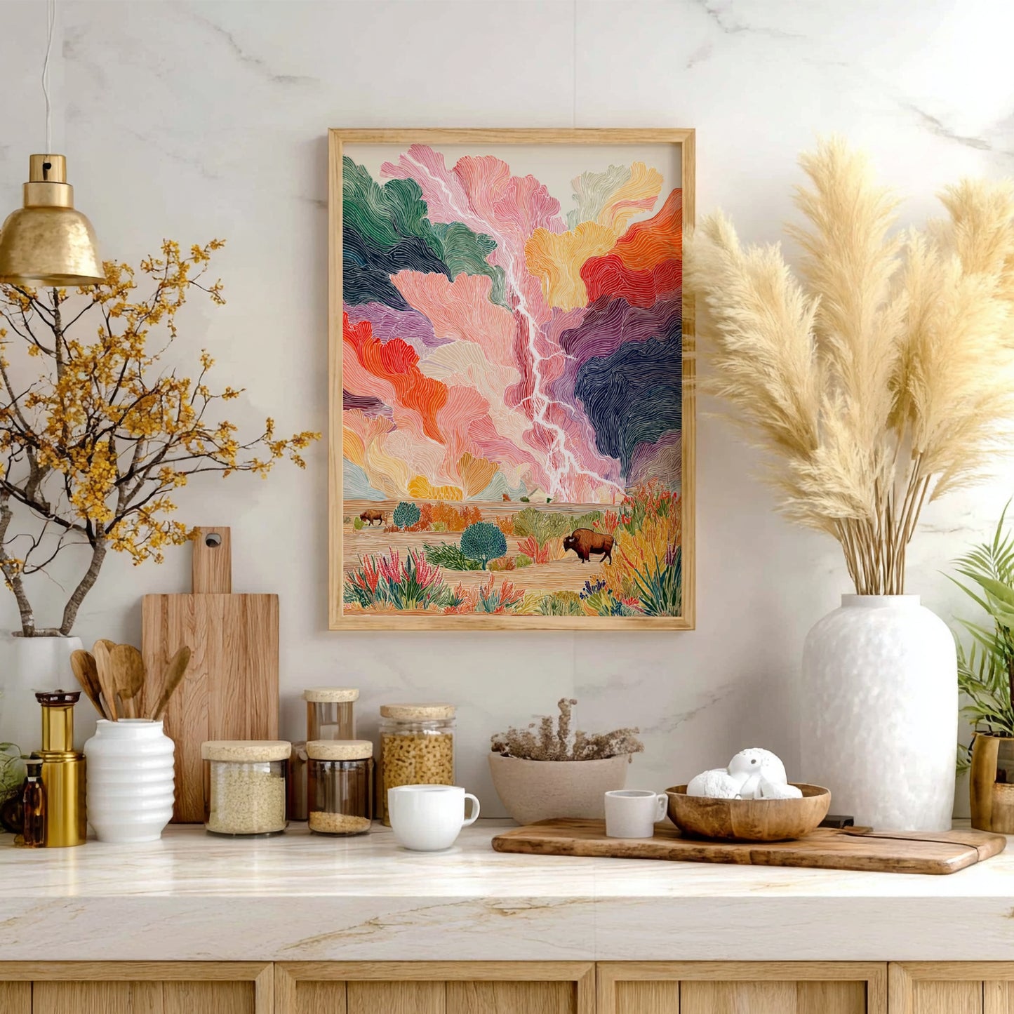 Prairie Bison Lightning poster featuring a colorful storm sky and a bison in a landscape.