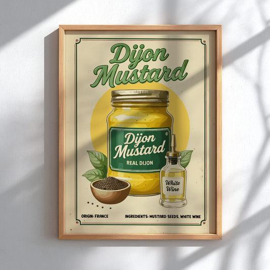 Framed poster of Dijon Mustard with a jar and bottle on a light background