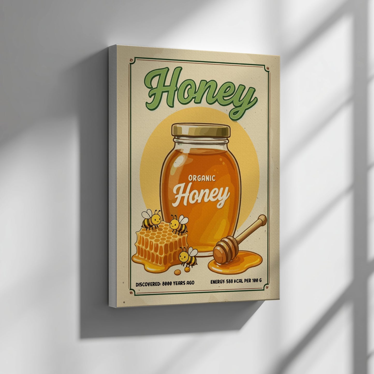 Canvas print with a honey jar and bees design on a beige background