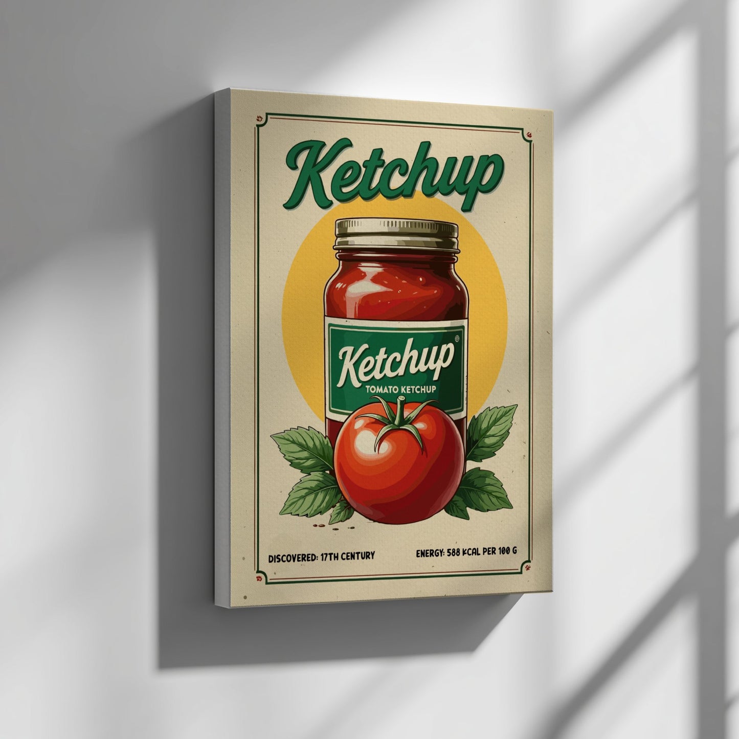 Canvas print of a ketchup bottle design with a tomato and leaves on a beige background.