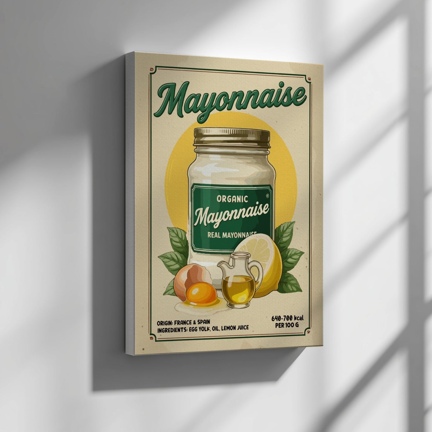 Canvas print of a vintage mayonnaise label on a wall.