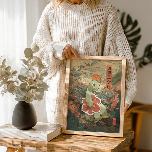 Person holding a framed artwork of Meganium Pokemon in a floral setting.