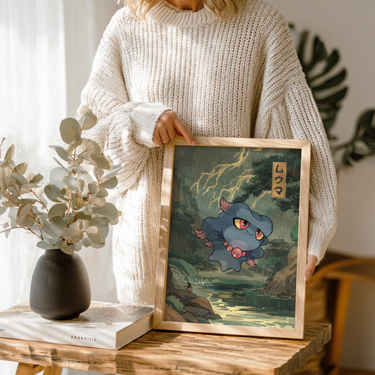 Person holding a framed illustration of Misdreavus Pokemon in a natural setting