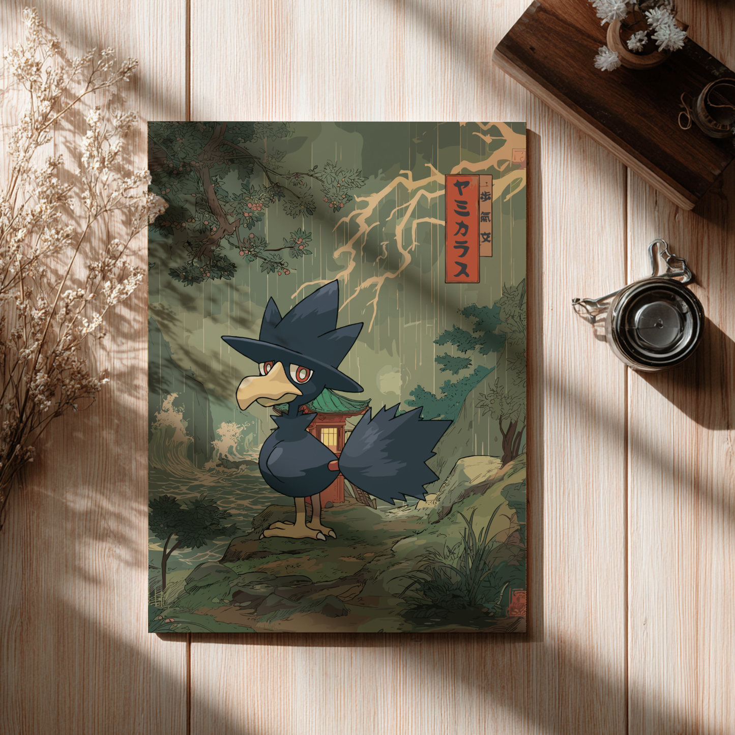 Canvas print of Murkrow Pokemon in a forest setting on a wooden surface.