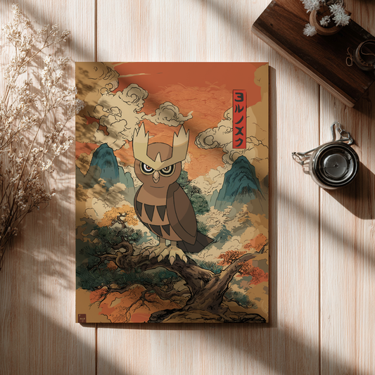 Poster with a Noctowl Pokémon illustration on a wooden surface
