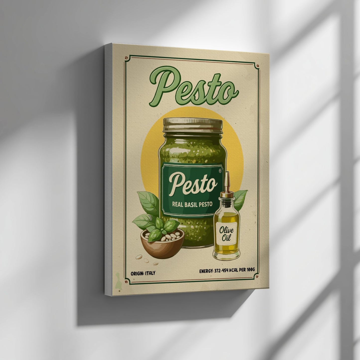 Canvas print of a pesto jar and bottle on a beige background