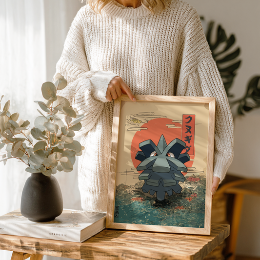 Person holding a framed artwork of Pineco Pokemon with a red sun in the background.