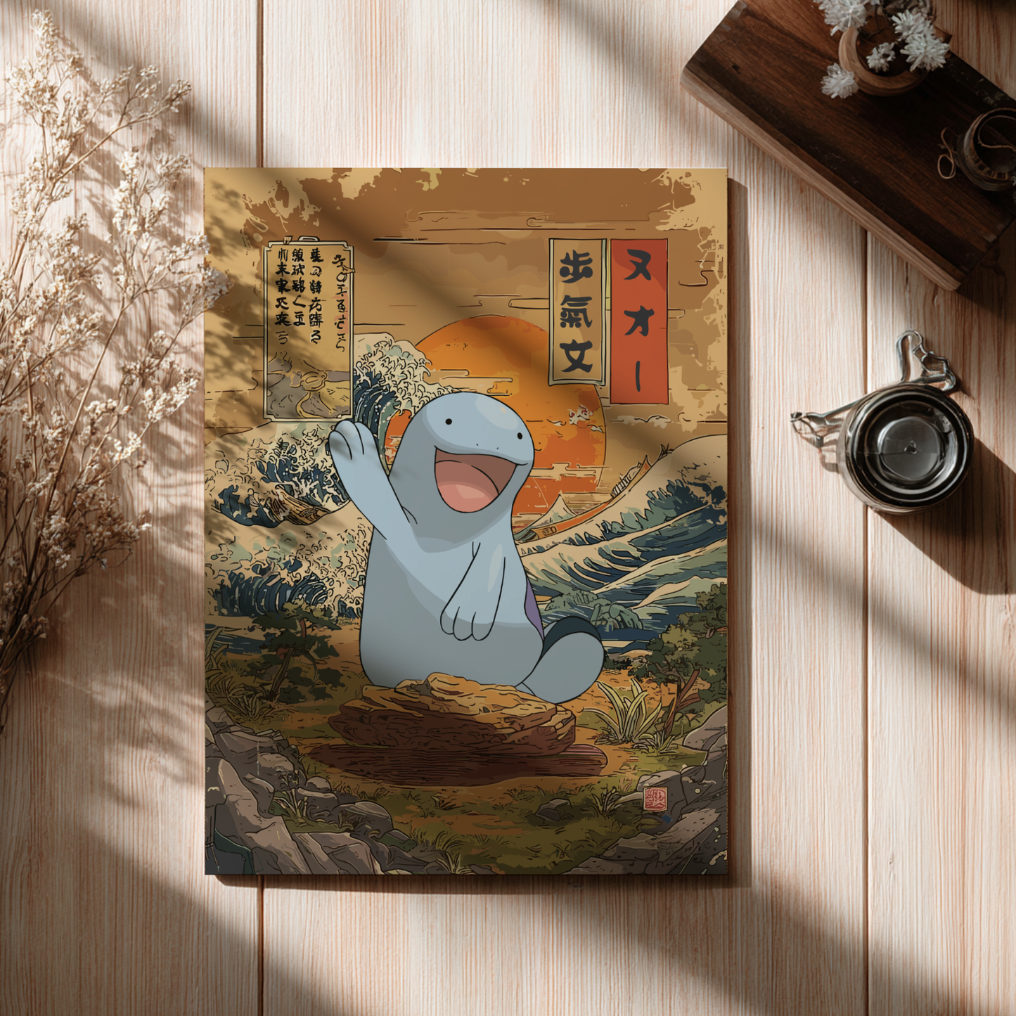 Quagsire Pokemon on a wooden board with Japanese elements