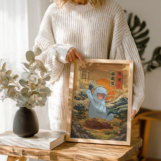 Person holding a framed artwork of Quagsire Pokemon in a scenic setting