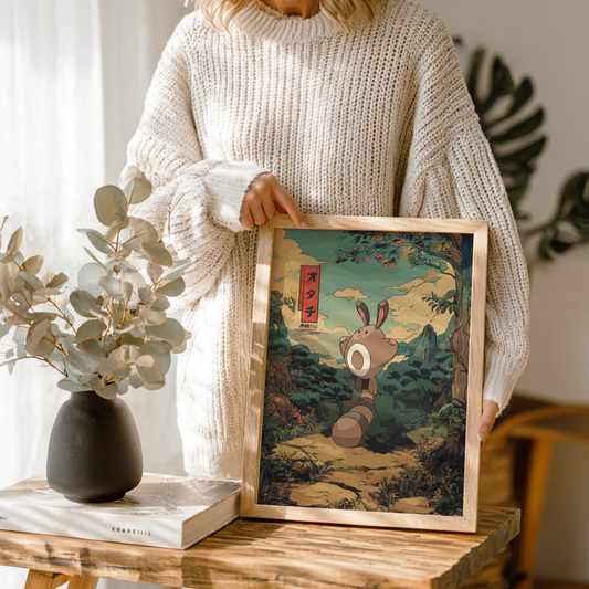 Person holding a framed artwork of Sentret Pokemon in a natural setting, with a vase and book on a wooden table.