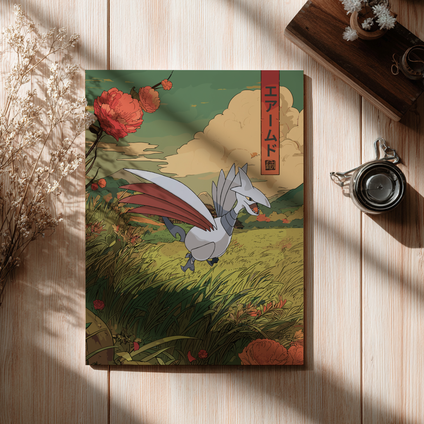 Decorative poster with a Skarmory Pokemon illustration on a wooden surface