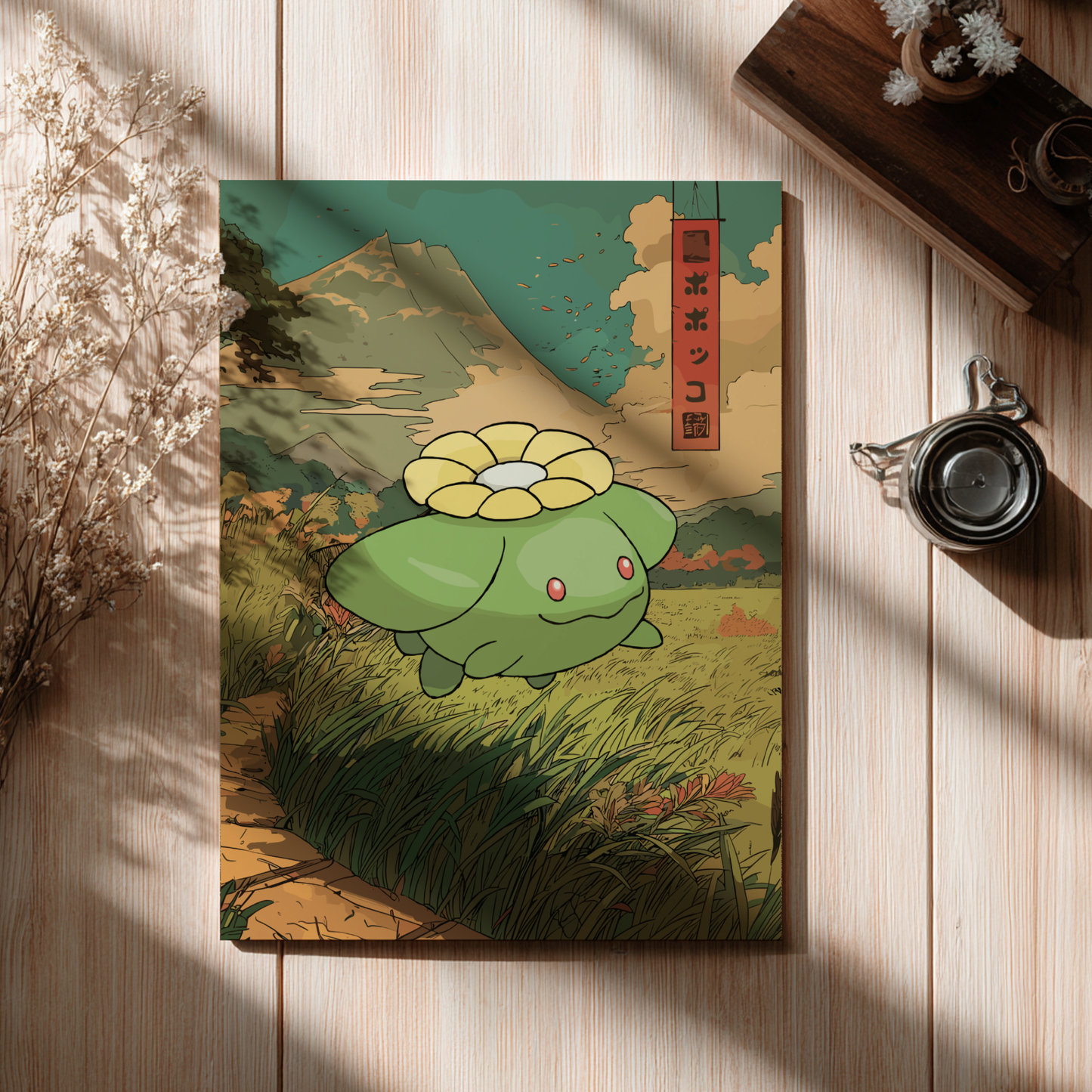 Illustrated poster with Skiploom Pokemon on a wooden surface