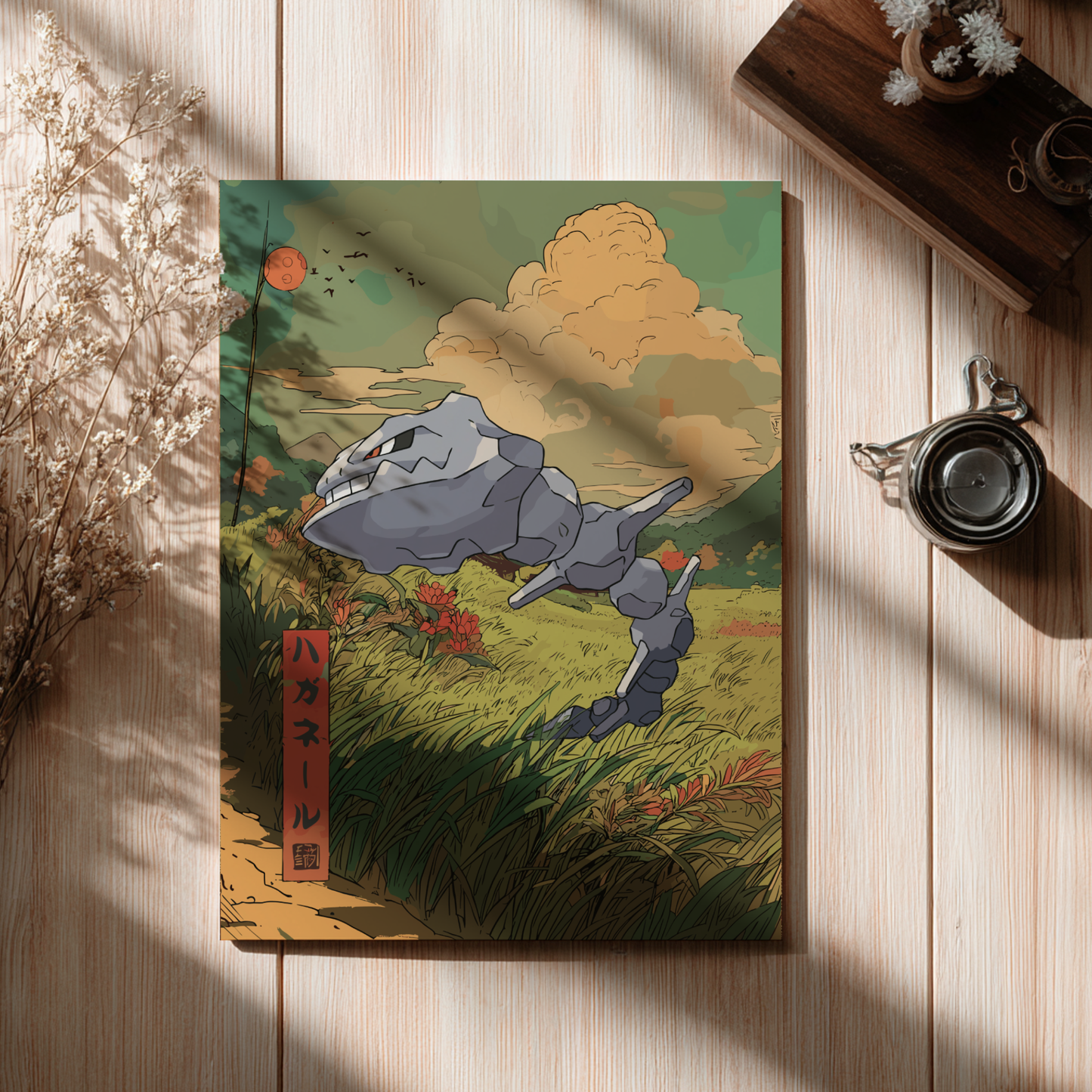Poster with a Steelix Pokemon illustration on a wooden surface