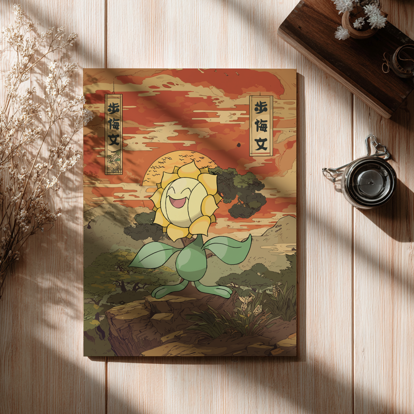 Canvas print with a Sunflora Pokemon design on a wooden surface