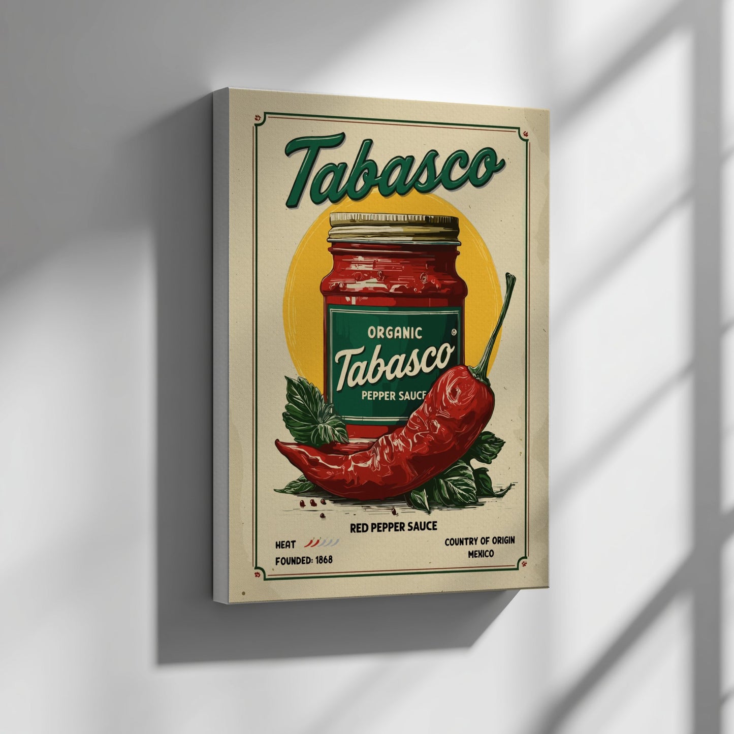 Tabasco sauce jar with red pepper on a beige background