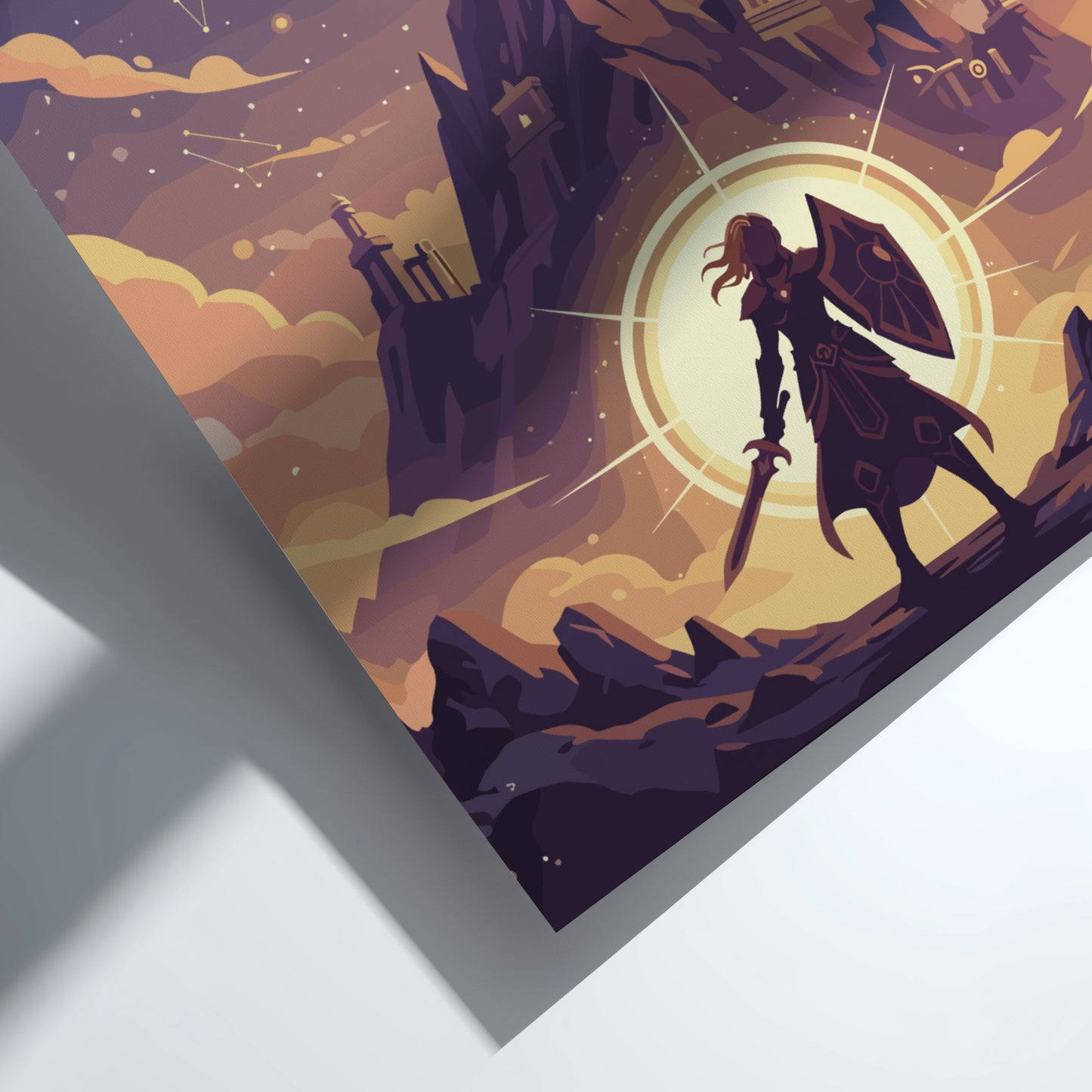 Illustration of a warrior with a sword and shield standing on a mountain peak under a starry sky.