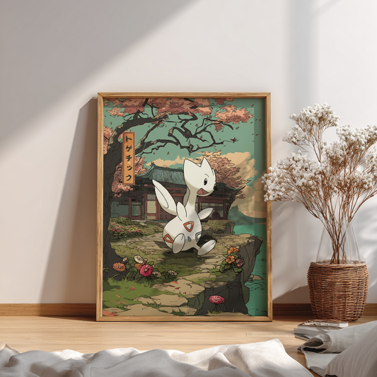 Framed artwork of Togetic Pokemon character in a garden setting on a wall.