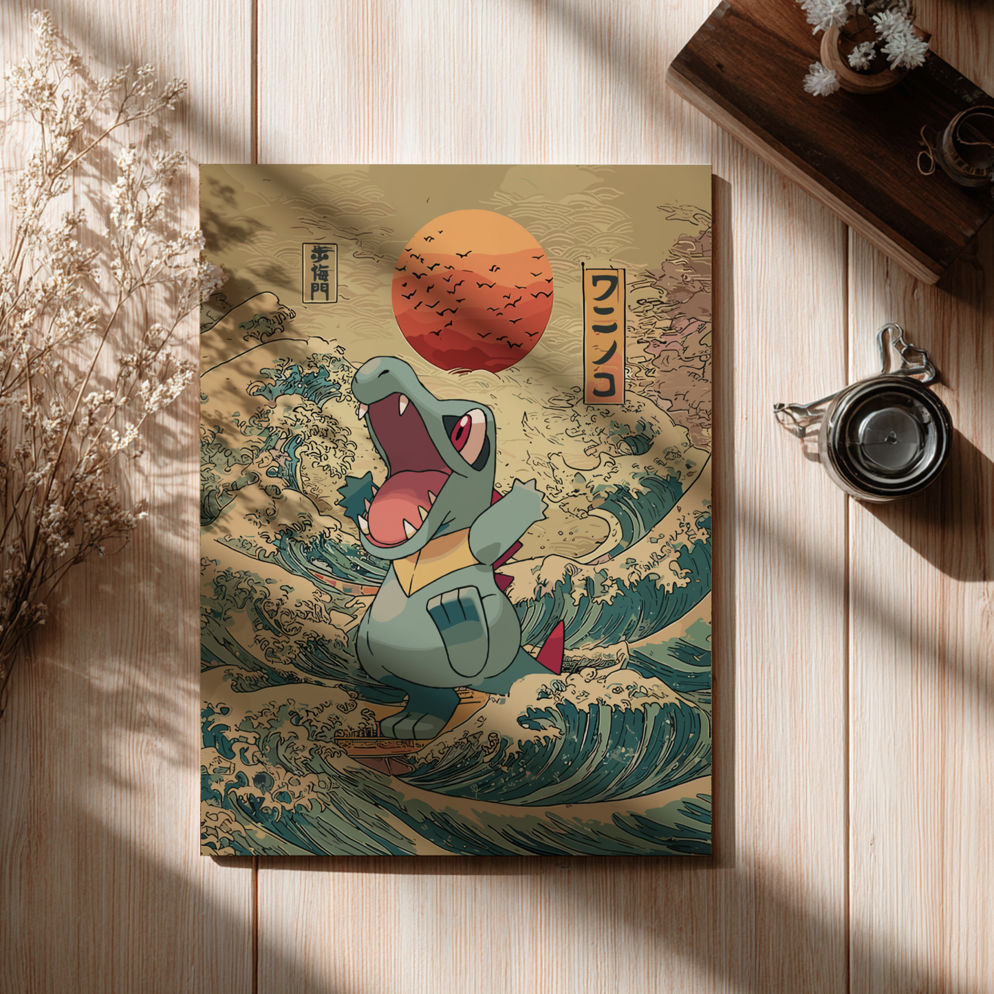 Poster with Totodile Pokemon character on a wave design, placed on a wooden surface.