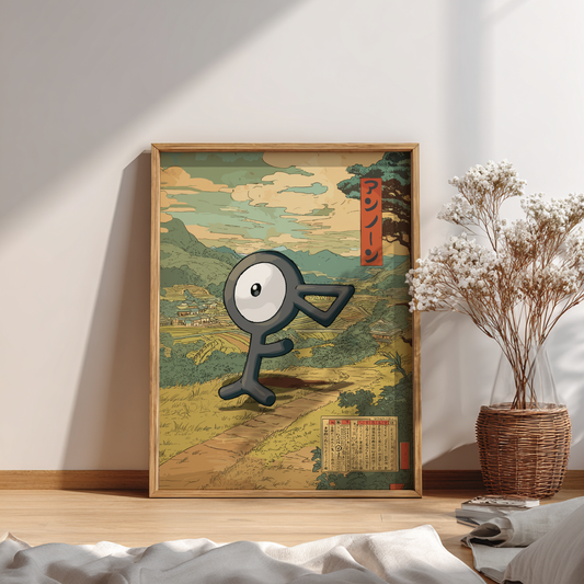 Framed artwork with Unown Pokemon character on a landscape background in a room setting.