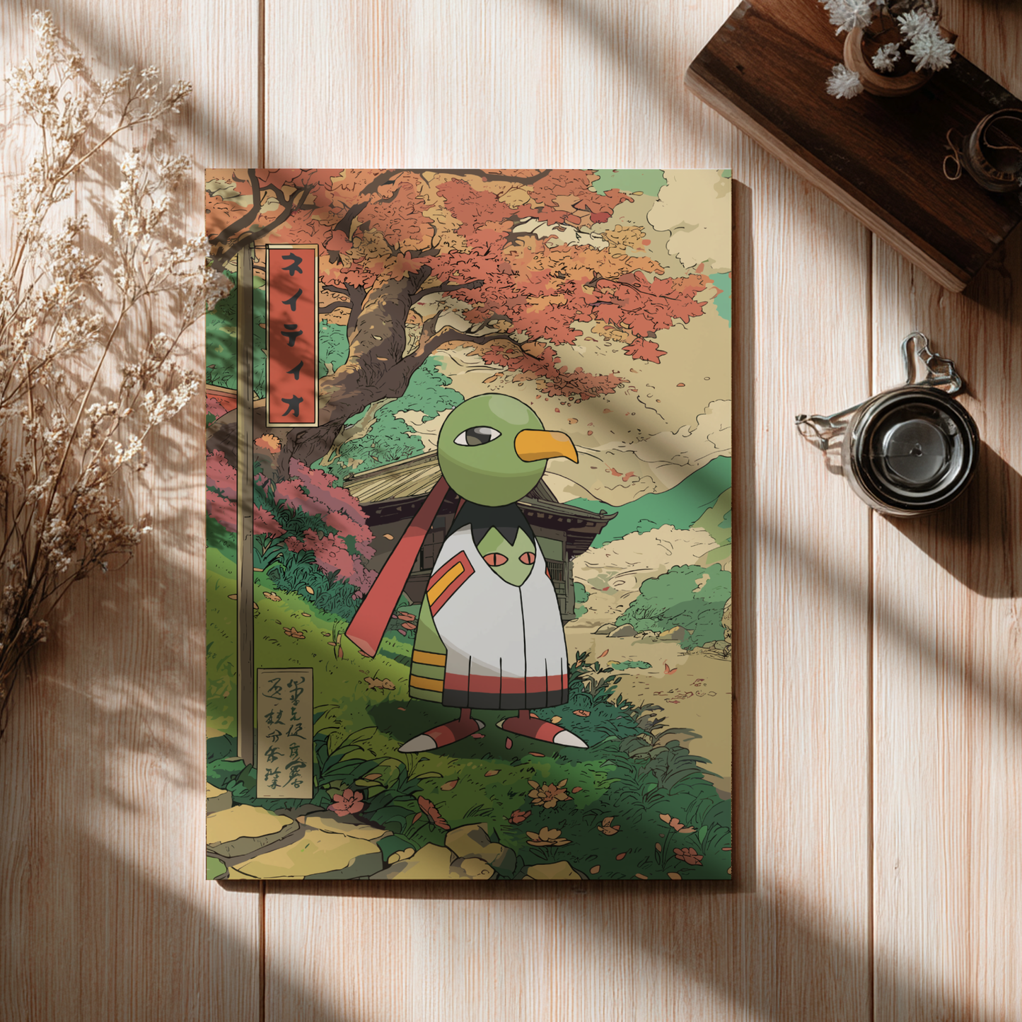 Poster with a colorful illustration of Xatu Pokémon in traditional attire on a wooden surface.