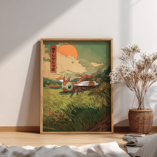 Framed illustration of Yanma Pokemon in a natural setting on a wall in a room with a plant.