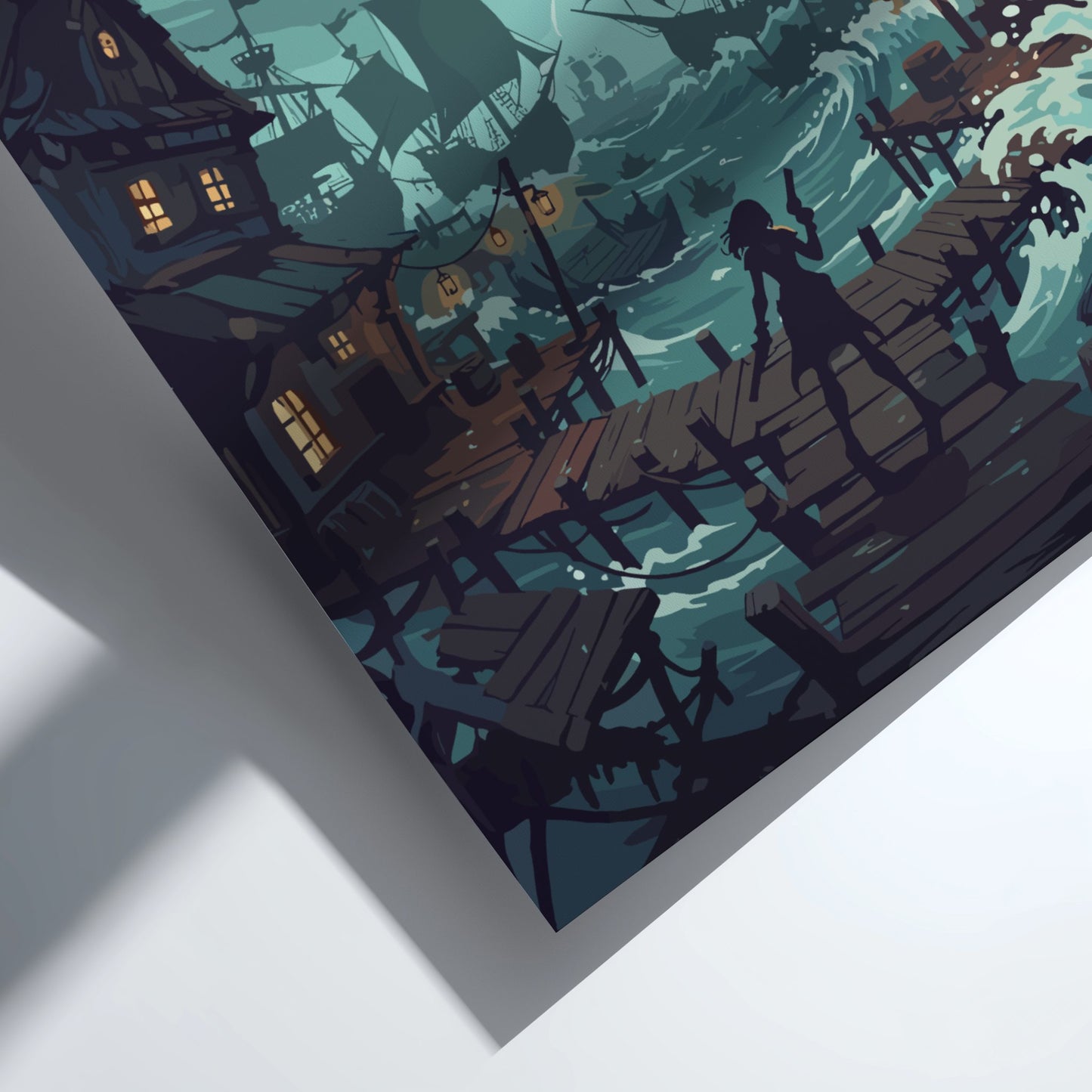 Illustration of a person standing on a wooden pier with houses and a stormy sea in the background.