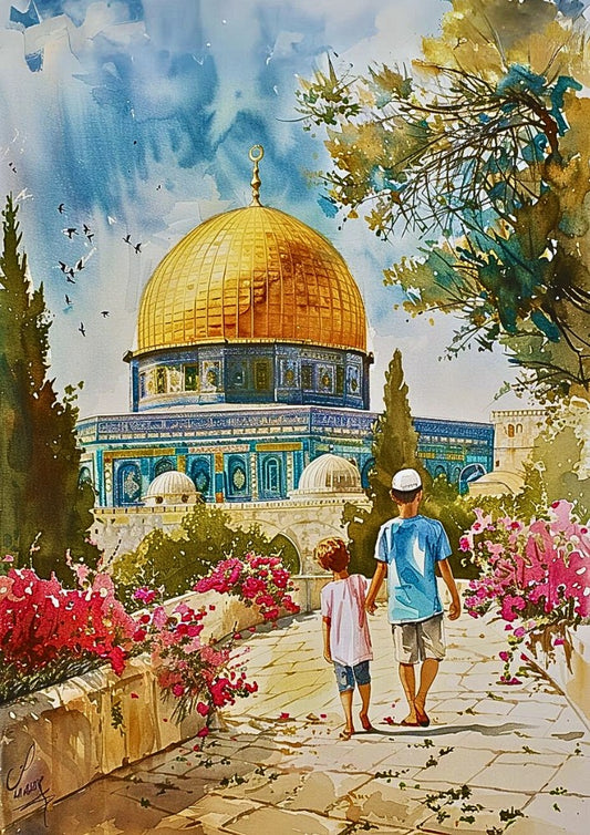 Affiche du Dôme du Rocher et de la mosquée Al-Aqsa – Art mural islamique de la vieille ville de Jérusalem