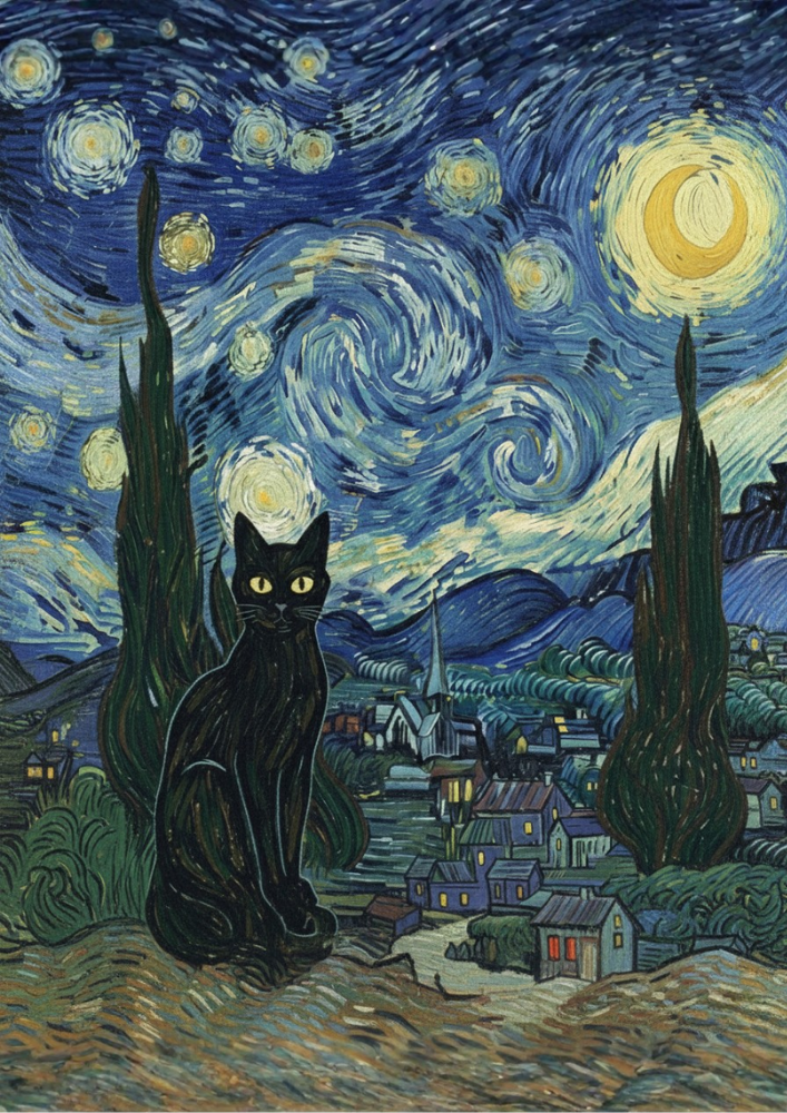 Black cat in front of a stylized Van Gogh-style starry night sky