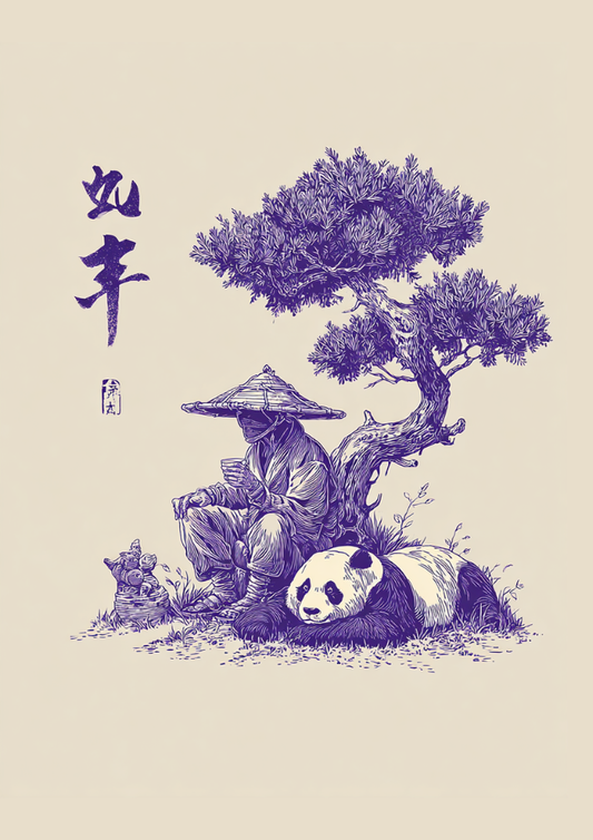 Traditional ink-style illustration of a person with a hat, panda, and tree on a beige background.