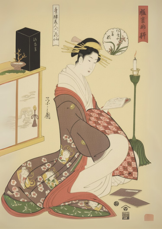 Traditional Japanese illustration of a woman in formal attire with a candle and screen in the background.