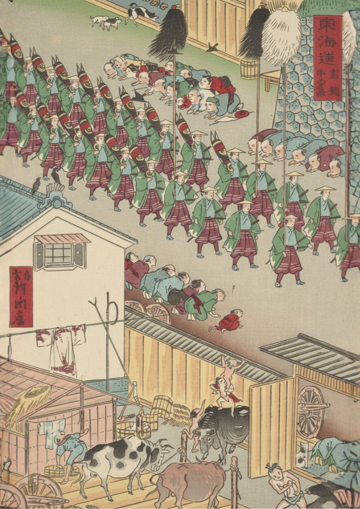 Vintage Japanese print of a bustling street scene with people in traditional attire.
