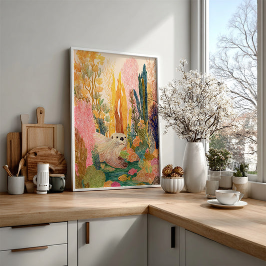 Kelp Otter Gold art print featuring a cute otter in a colorful underwater kelp forest.
