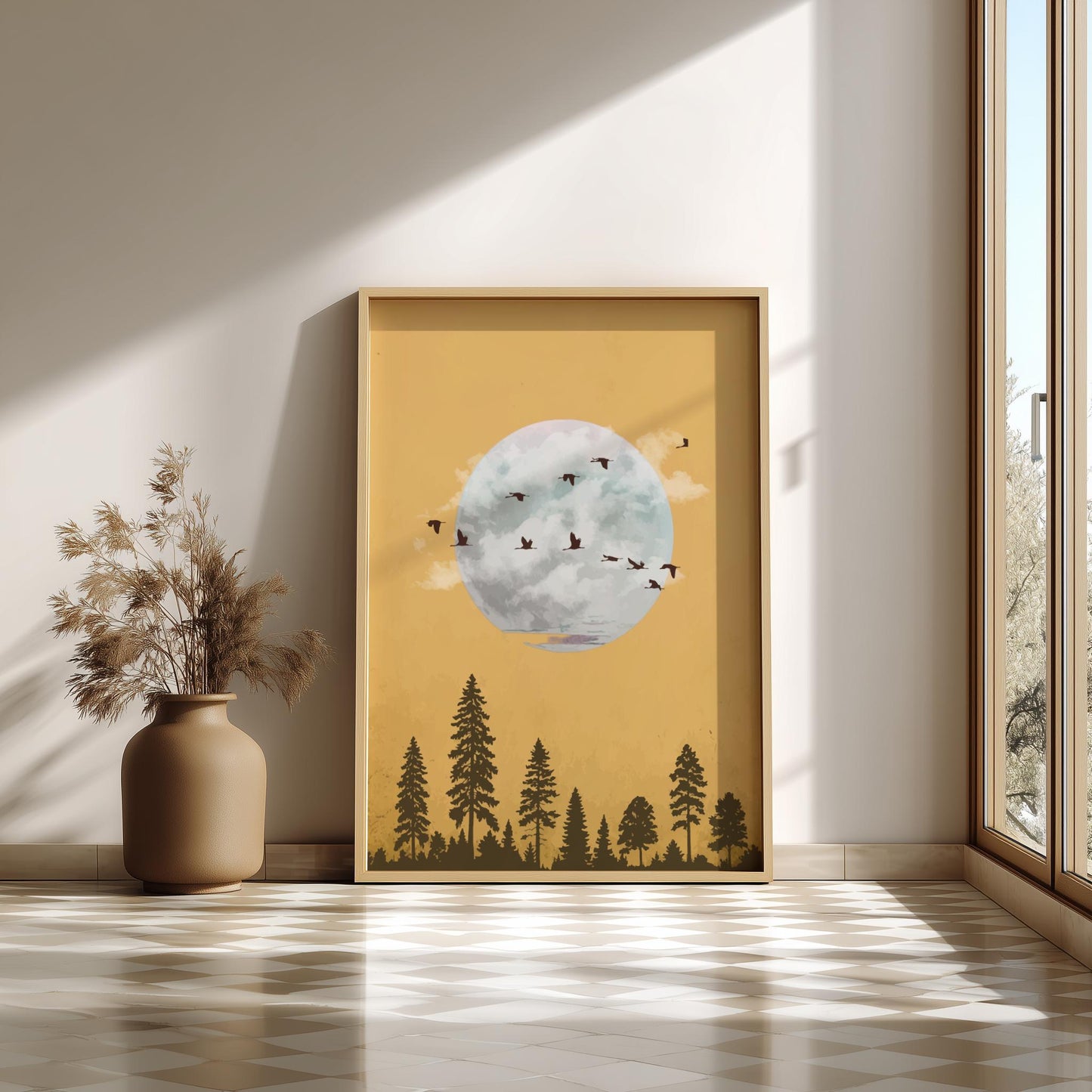 Golden Moon Forest Art Print – Warm Nature Wall Decor