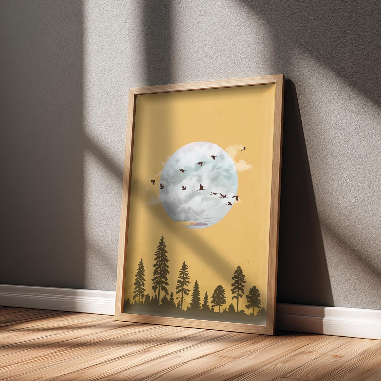 Golden Moon Forest Art Print – Warm Nature Wall Decor