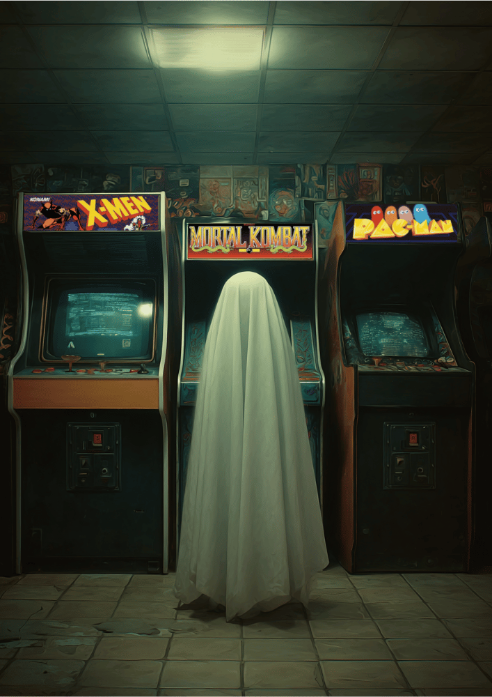 Arcade Ghost Poster – Retro Vaporwave Wall Art, 80s Neon Surreal Arcade Print