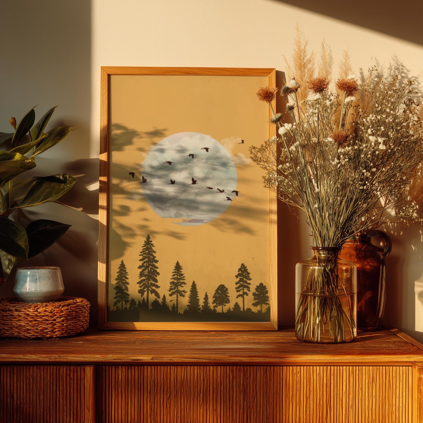 Golden Moon Forest Art Print – Warm Nature Wall Decor