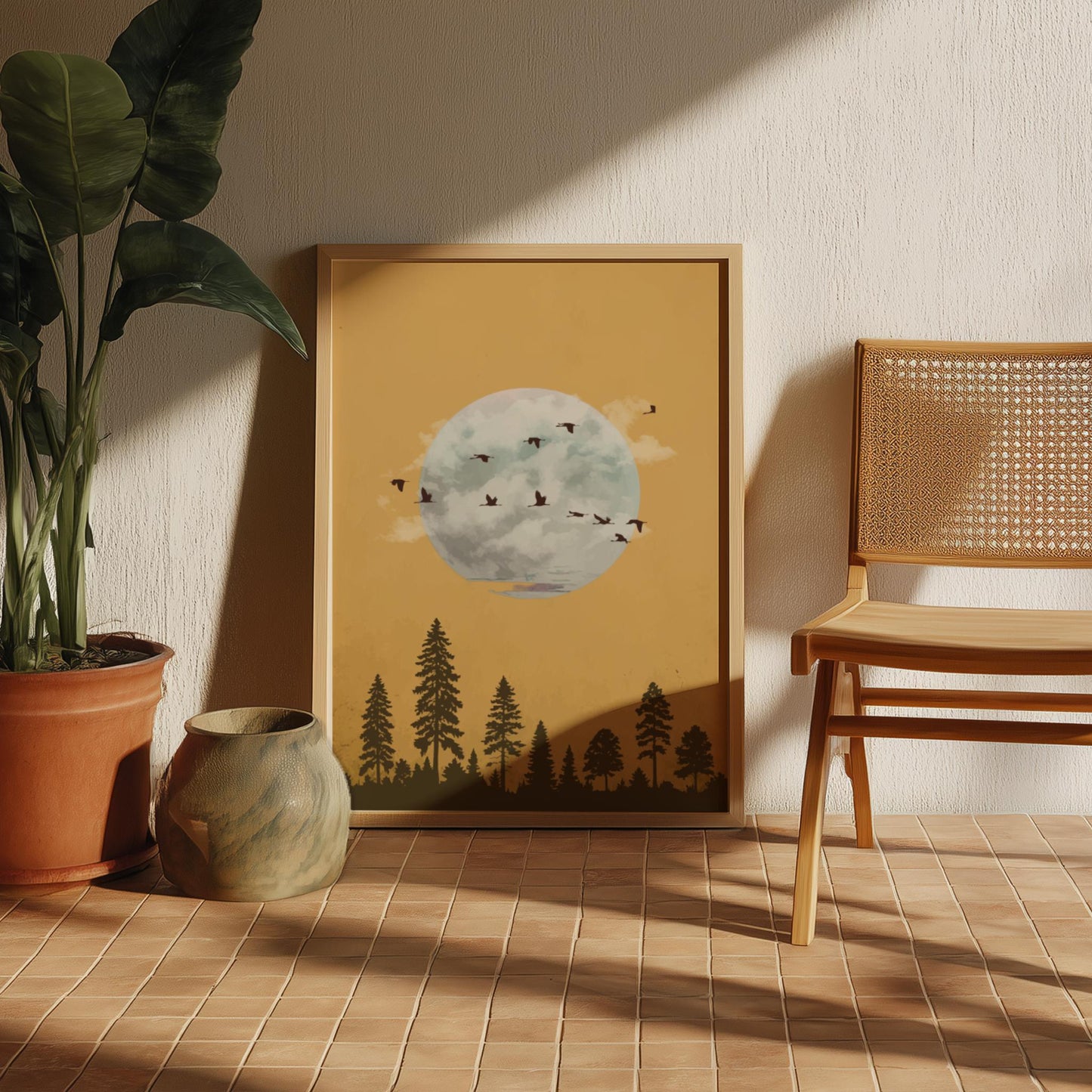 Golden Moon Forest Art Print – Warm Nature Wall Decor