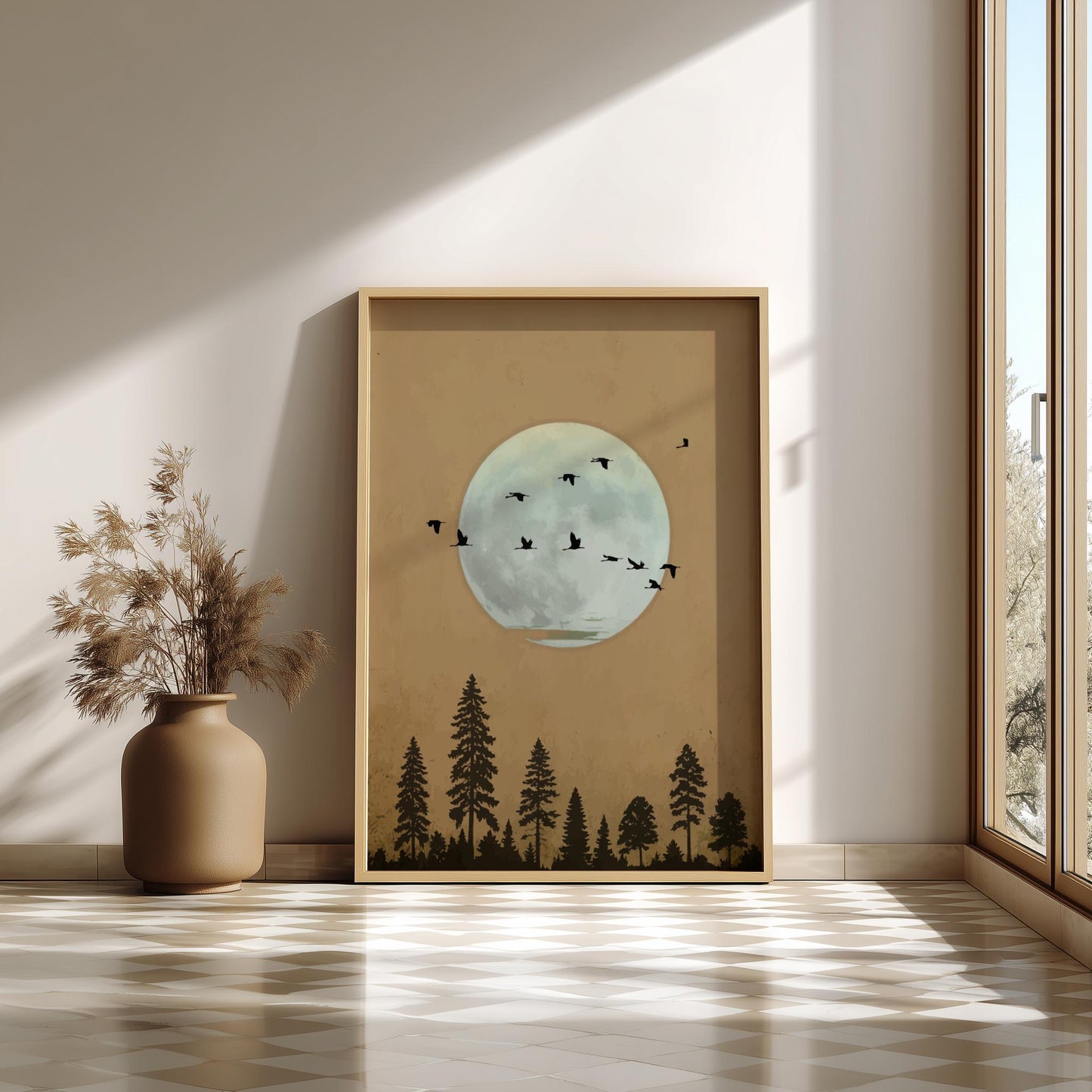 Full Moon Forest Wall Art – Minimalist Boho Artwork