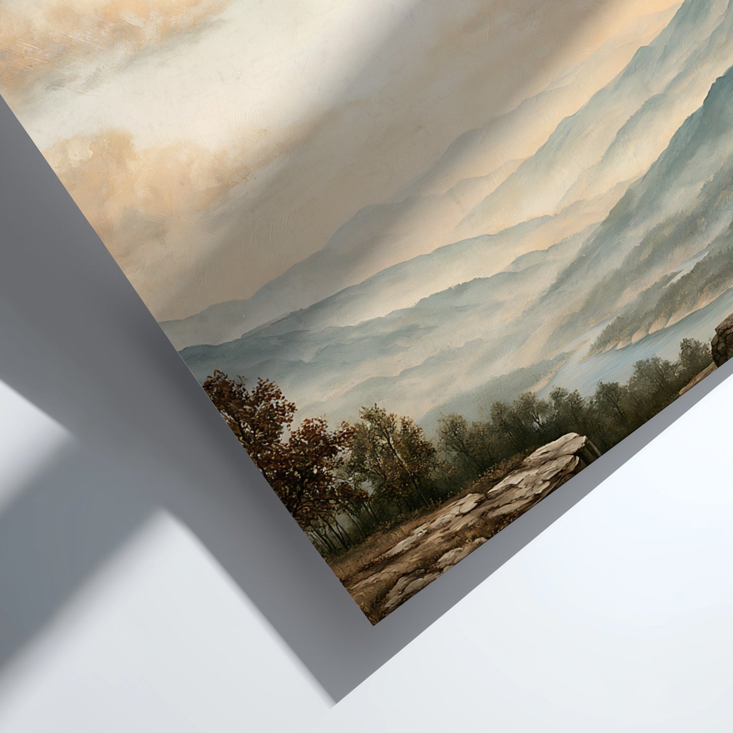 Poster featuring a serene mountain landscape with 1 Corinthians 13:4 text in soft colours