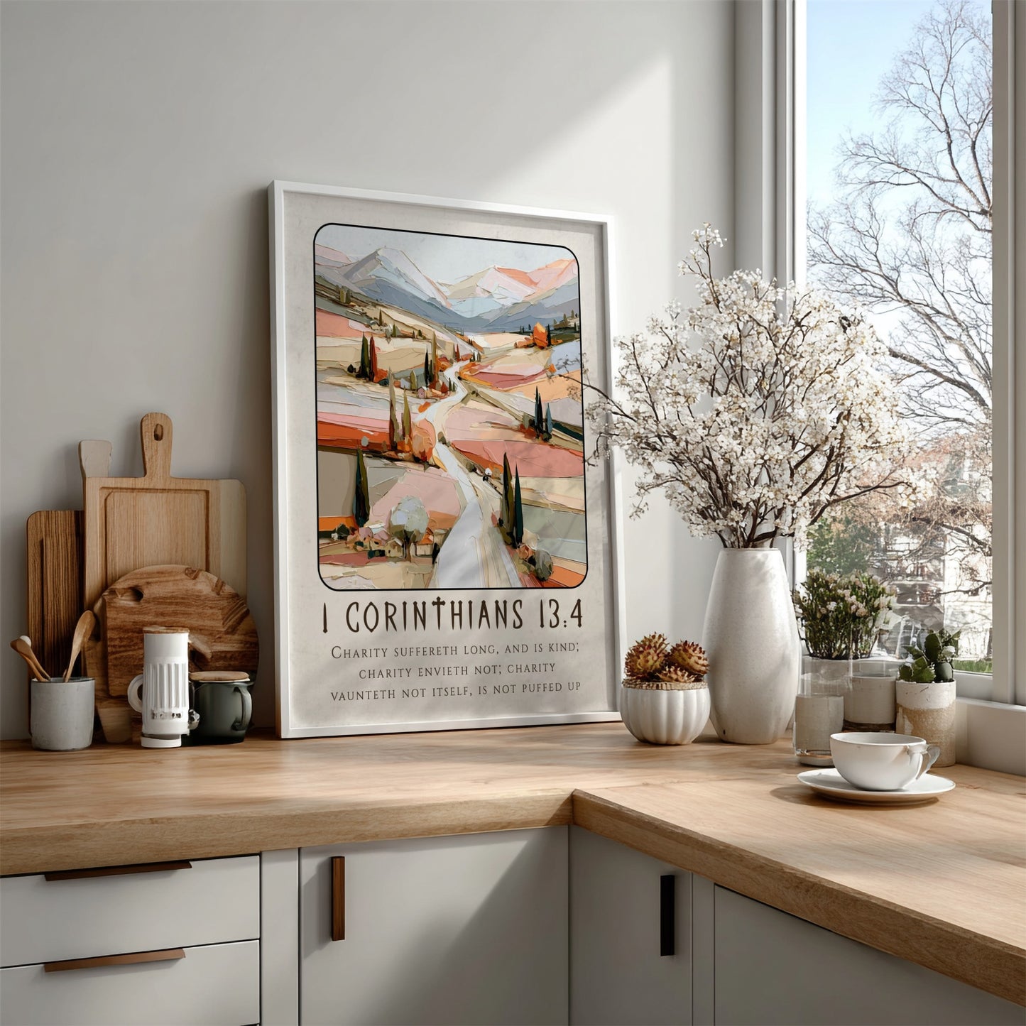 1 Corinthians 13:4 poster featuring a serene landscape in pastel colors, ideal for religious decor and