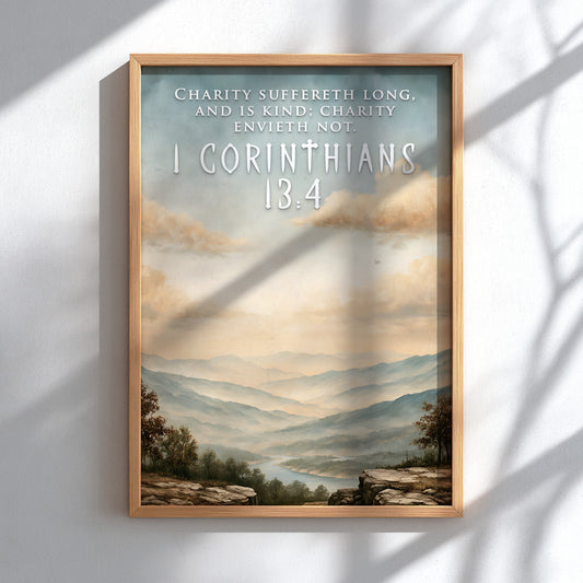 Poster featuring a serene mountain landscape with 1 Corinthians 13:4 text in soft colours