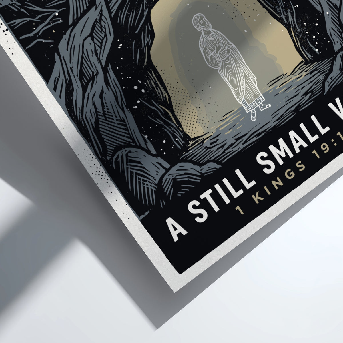 Poster featuring A Still Small Voice text with a figure standing in a cave.