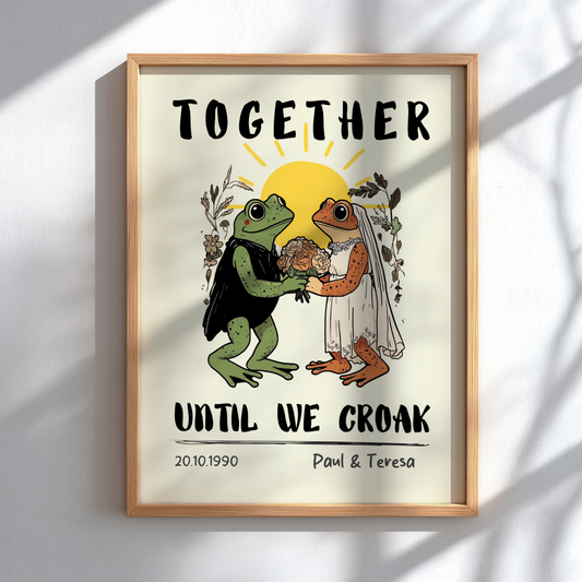 Framed artwork with frogs in wedding attire and 'Together Until We Croak' text on a light background.