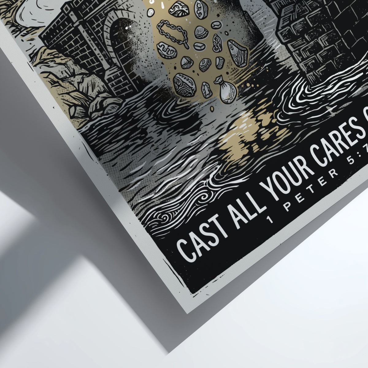 Poster featuring a woodcut illustration of a figure casting burdens from a stone bridge.