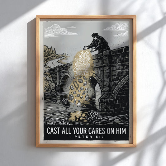 Poster featuring a woodcut illustration of a figure casting burdens from a stone bridge.