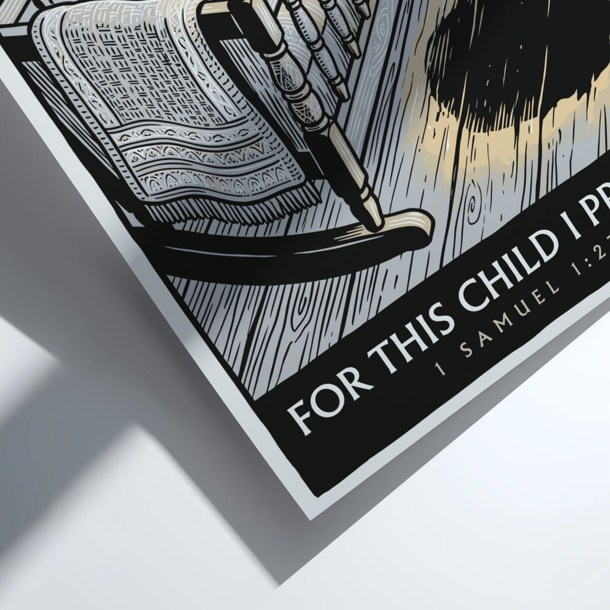 Poster featuring a wooden cradle with the text For This Child I Prayed displayed