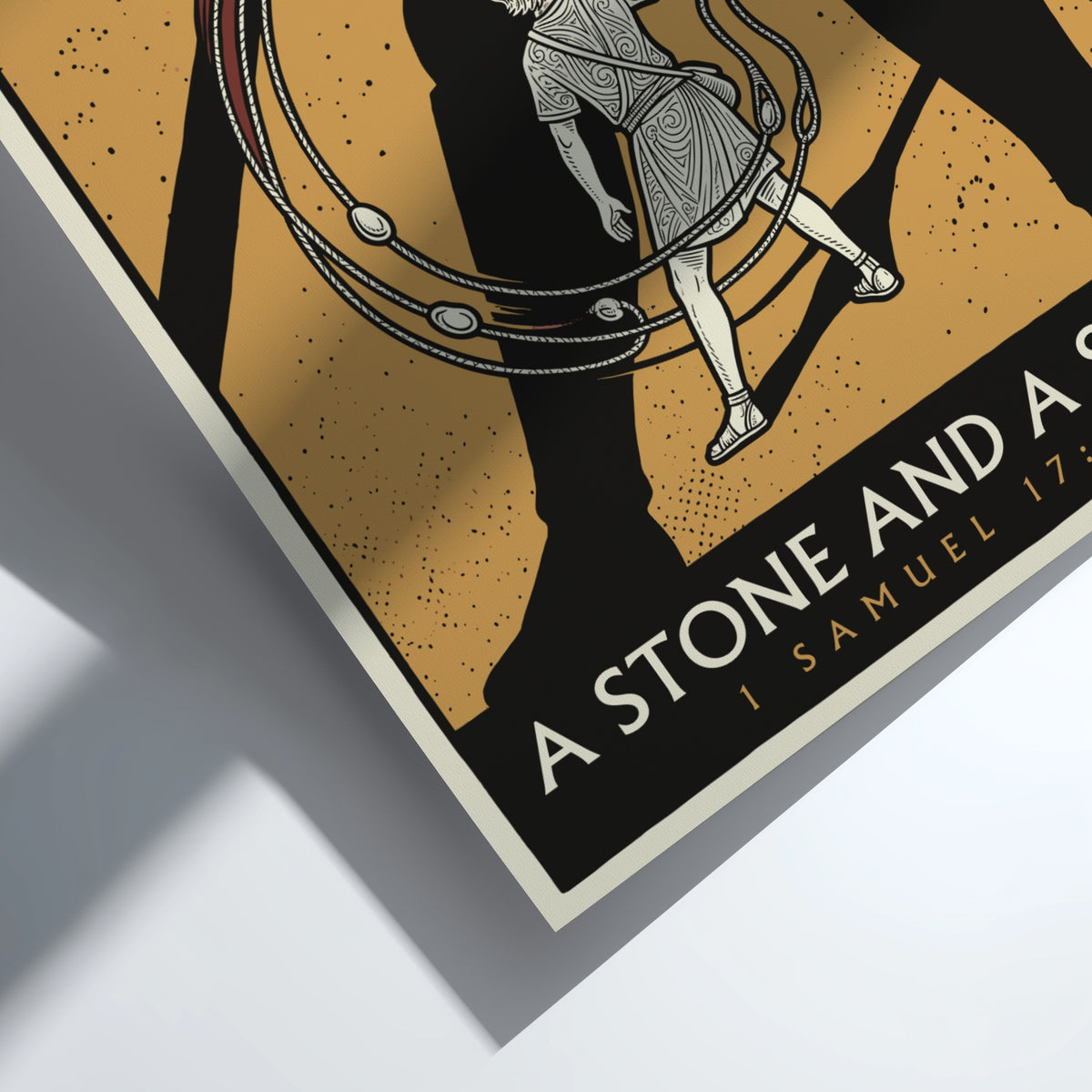 Poster featuring David and Goliath with the text A Stone and a Sling